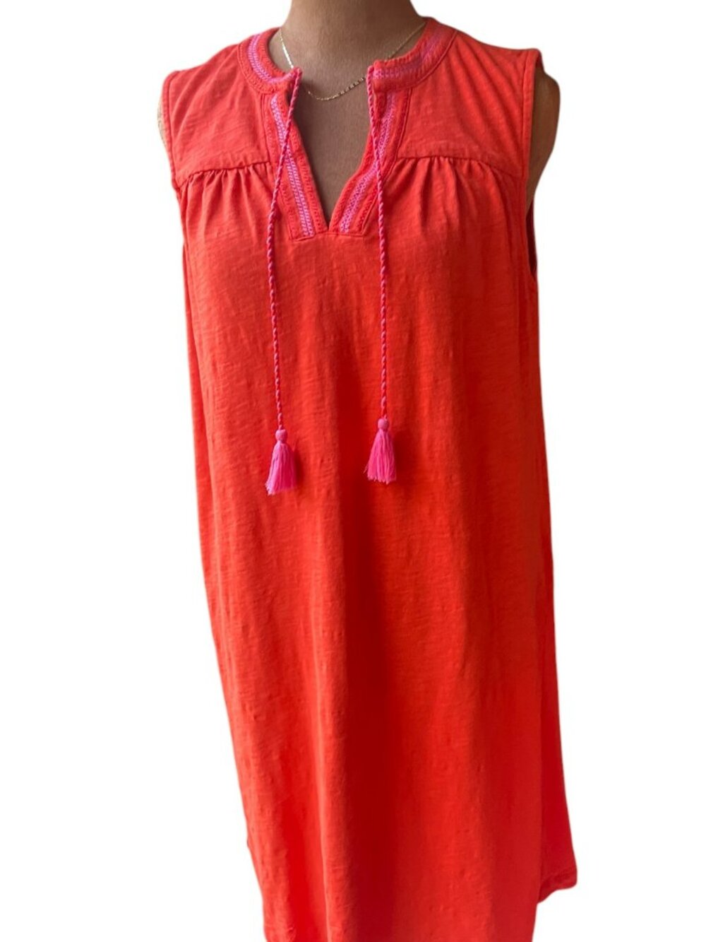 Boden Nadine Notch Cotton Dress Coral Orange Pink Tassels – 2R
